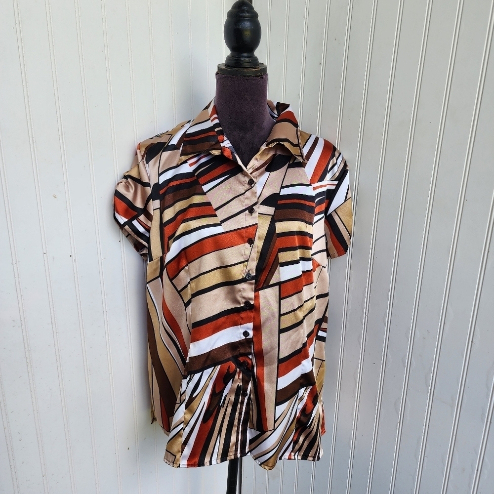 Blue Diamond Stretch Women Button Front Tan Brown Orange Geo Print Blouse Top XL